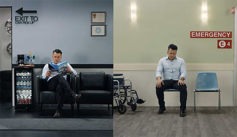 DRTV advert image showing one man in two different situations, at the car repair shop and at the emergency room