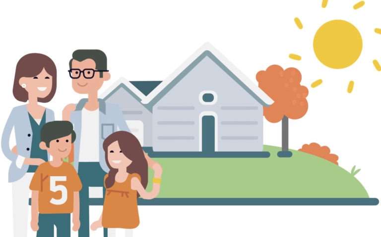 Graphics of a family standing in front of a house